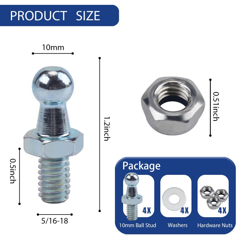 Beneges 4 Pieces 10mm Ball Studs with Hardware Nuts Washers 5/16-18 Thread x 3/5" Long Shank for Universal Gas Lift Support Strut - Image 2